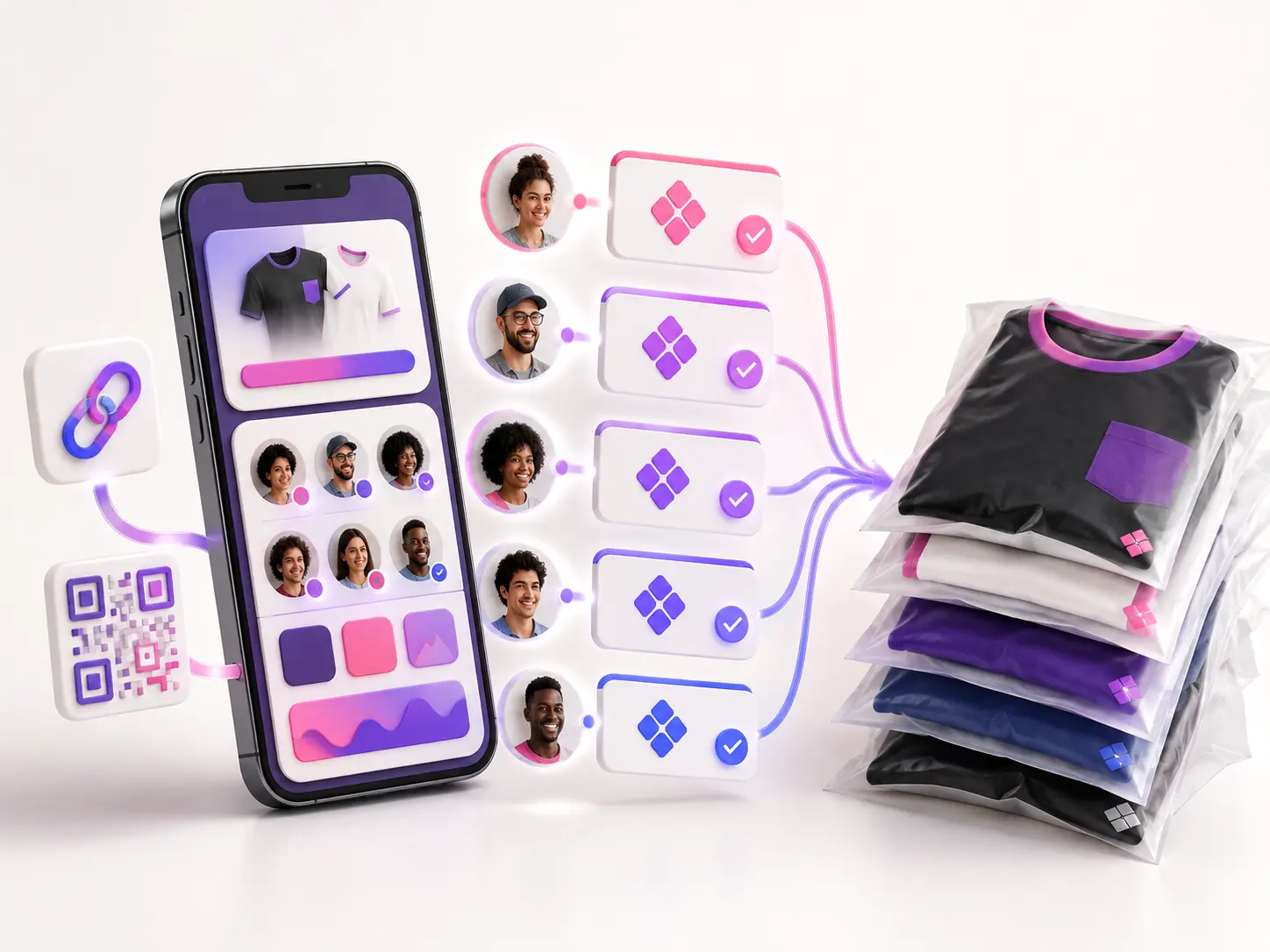 Ilustração do fluxo entre celular, participantes e peças separadas