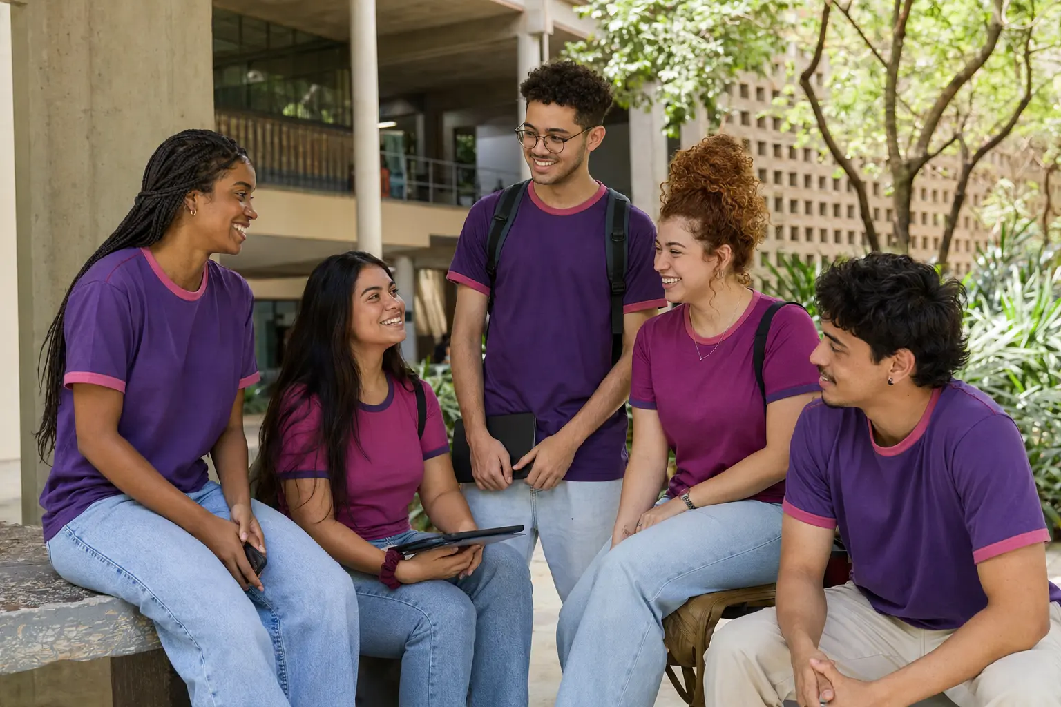 Grupo universitário reunido usando camisetas personalizadas coordenadas