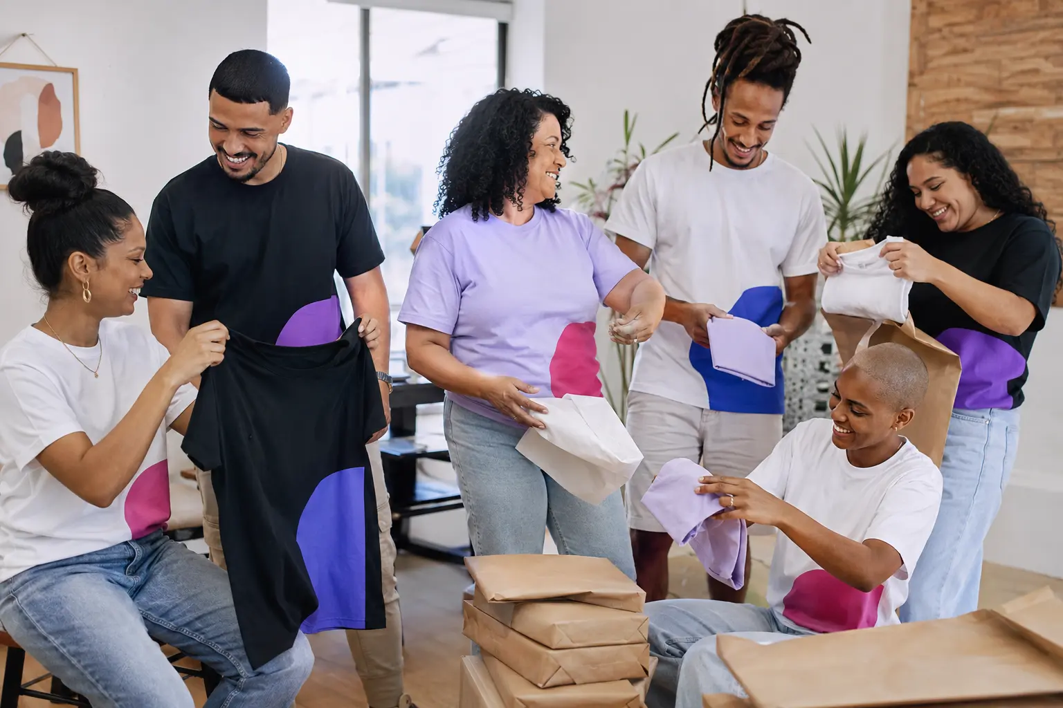 Comunidade reunida recebendo camisetas personalizadas