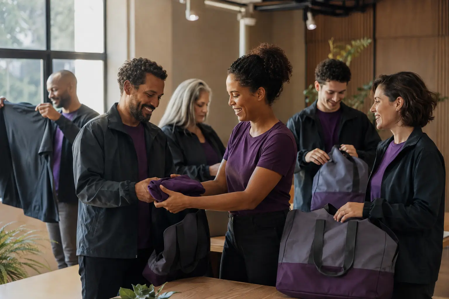 Equipe de empresa reunida com peças personalizadas coordenadas